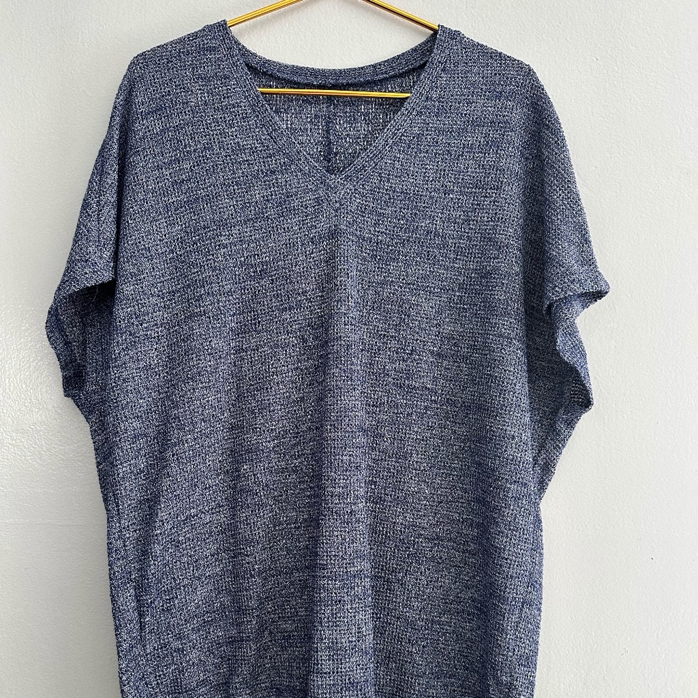 Blue Woven Short Sleeve Blouse with V-Neck
